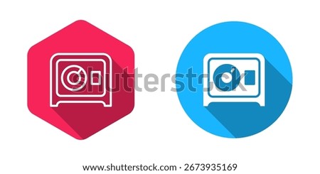 Filled and outline Safe icon isolated with long shadow background. The door safe a bank vault with a combination lock. Reliable Data Protection.  Vector