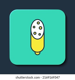 Filled outline Salami sausage icon isolated on blue background. Meat delicatessen product. Turquoise square button. Vector