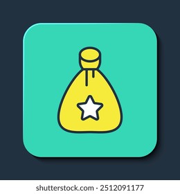 Filled outline Santa Claus bag gift icon isolated on blue background. Christmas presents sack. Merry Christmas and Happy New Year. Turquoise square button. Vector