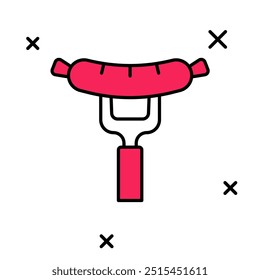 Filled outline Sausage on the fork icon isolated on white background. Grilled sausage and aroma sign.  Vector