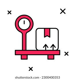 Filled outline Scale with cardboard box icon isolated on white background. Logistic and delivery. Weight of delivery package on a scale.  Vector