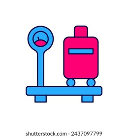 Filled outline Scale with suitcase icon isolated on white background. Logistic and delivery. Weight of delivery package on a scale.  Vector
