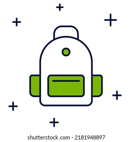 Icono de la mochila de la escuela de esquema relleno aislado en fondo blanco.  Vector