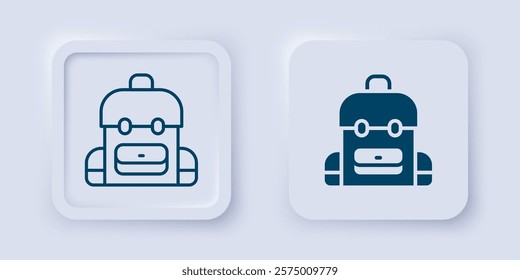 Filled and outline School backpack icon isolated on grey background. Square button. Vector