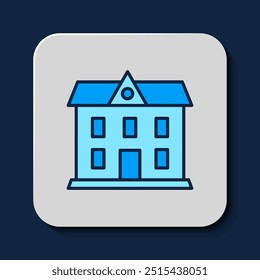 Filled outline School building icon isolated on blue background.  Vector