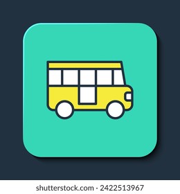 Filled outline School Bus icon isolated on blue background. Public transportation symbol. Turquoise square button. Vector