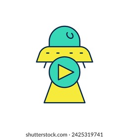 Filled outline Science fiction icon isolated on white background. Sci fi movies, popular futuristic fantasy films. Cinema category. Flying saucer, UFO.  Vector