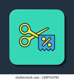 Filled outline Scissors cuts discount coupon icon isolated on blue background. The concept of selling in an online supermarket at low prices or half the cost. Turquoise square button. Vector