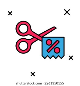 Filled outline Scissors cuts discount coupon icon isolated on white background. The concept of selling in an online supermarket at low prices or half the cost.  Vector