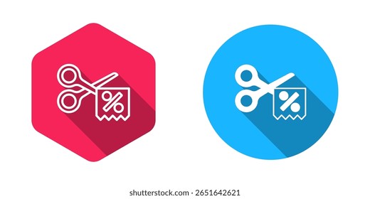 Filled and outline Scissors cuts discount coupon icon isolated with long shadow background. The concept of selling in an online supermarket at low prices or half the cost.  Vector