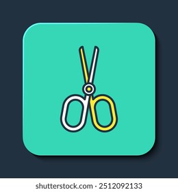 Filled outline Scissors icon isolated on blue background. Tailor symbol. Cutting tool sign. Turquoise square button. Vector