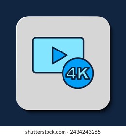 Gefüllter Umriss-Bildschirm-TV mit 4k Ultra HD-Video-Technologie-Symbol isoliert auf blauem Hintergrund.  Vektor