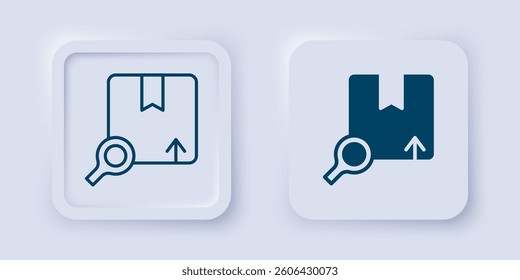 Filled and outline Search package icon isolated on grey background. Parcel tracking symbol. Magnifying glass and cardboard box. Logistic and delivery. Square button. Vector