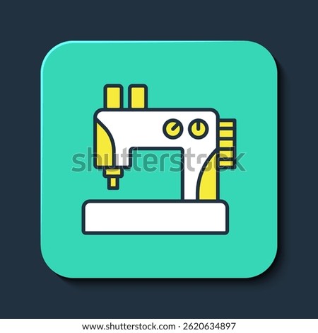 Filled outline Sewing machine icon isolated on blue background. Turquoise square button. Vector
