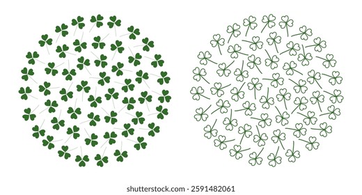 Filled and outline Shamrocks Clover leaves Circular Minimalistic Monochrome green Backgrounds Set 2