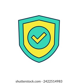Filled outline Shield with check mark icon isolated on white background. Protection symbol. Security check Icon. Tick mark approved icon.  Vector