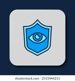 Filled outline Shield and eye icon isolated on blue background. Security, safety, protection, privacy concept.  Vector