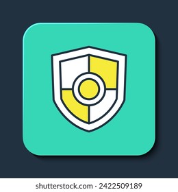 Filled outline Shield icon isolated on blue background. Guard sign. Security, safety, protection, privacy concept. Turquoise square button. Vector