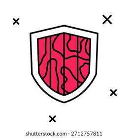Contorno preenchido Ícone de escudo isolado no fundo branco. Sinal de guarda. Segurança, proteção, conceito de privacidade.  Vetor