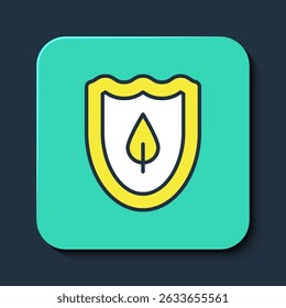 Esquema rellenado Escudo con icono de hoja aislado sobre fondo azul. Escudo de seguridad ecológico con hoja. Botón cuadrado turquesa. Vector