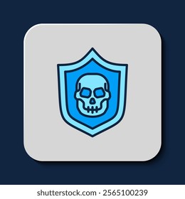 Filled outline Shield with pirate skull icon isolated on blue background.  Vector