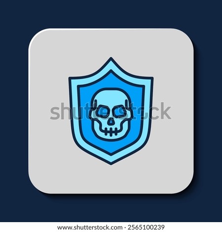 Filled outline Shield with pirate skull icon isolated on blue background.  Vector