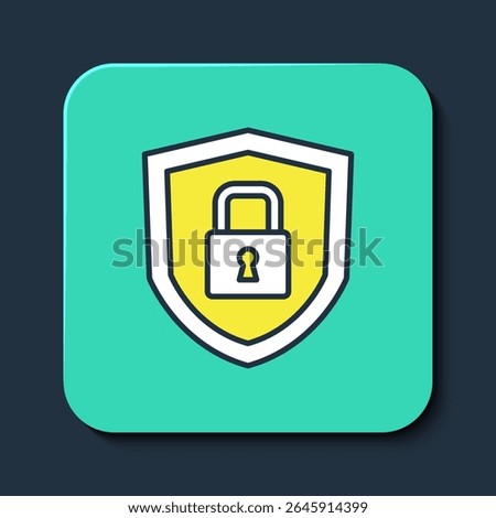Filled outline Shield security with lock icon isolated on blue background. Protection, safety, password security. Firewall access privacy sign. Turquoise square button. Vector