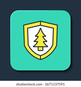 Filled outline Shield with tree icon isolated on blue background. Eco-friendly security shield with tree. Turquoise square button. Vector