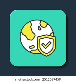 Esquema lleno Escudo con el icono del globo del mundo aislado en fondo azul. Concepto de seguro. Seguridad, seguridad, protección, concepto de privacidad. Botón cuadrado turquesa. Vector