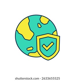 Filled outline Shield with world globe icon isolated on white background. Insurance concept. Security, safety, protection, privacy concept.  Vector