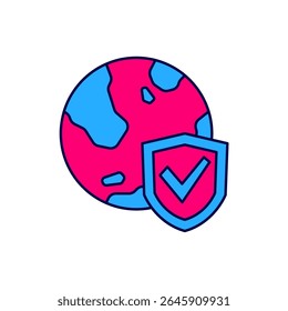 Filled outline Shield with world globe icon isolated on white background. Insurance concept. Security, safety, protection, privacy concept.  Vector