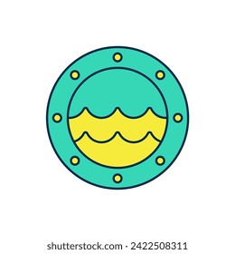 Filled outline Ship porthole with rivets and seascape outside icon isolated on white background.  Vector