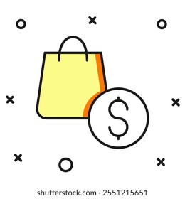 Filled outline Shopping bag and dollar icon isolated on white background. Handbag sign. Woman bag icon. Female handbag sign. Flat filled outline style with shadow. Vector