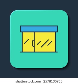 Filled outline Shopping building or market store icon isolated on blue background. Shop construction. Turquoise square button. Vector