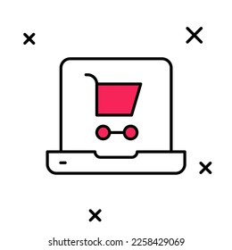 Filled outline Shopping cart on screen laptop icon isolated on white background. Concept e-commerce, e-business, online business marketing.  Vector