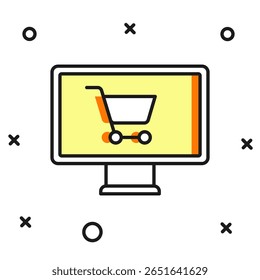 Descrição preenchida Carrinho de compras no ícone do monitor isolado no fundo branco. Conceito e-commerce, e-business, marketing de negócios online. Estilo de contorno preenchido plano com sombra. Vetor