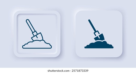 Filled and outline Shovel in the ground icon isolated on grey background. Gardening tool. Tool for horticulture, agriculture, farming. Square button. Vector