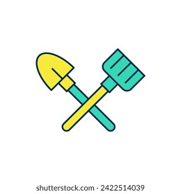 Filled outline Shovel and rake icon isolated on white background. Tool for horticulture, agriculture, gardening, farming. Ground cultivator.  Vector