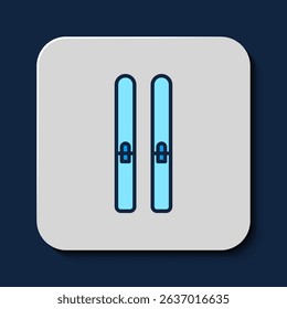 Filled outline Ski and sticks icon isolated on blue background. Extreme sport. Skiing equipment. Winter sports icon.  Vector