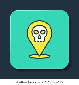 Filled outline Skull icon isolated on blue background. Happy Halloween party. Turquoise square button. Vector