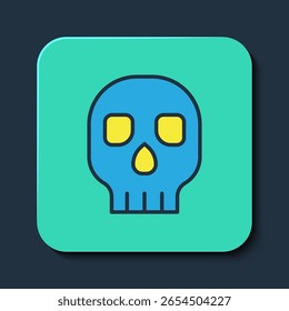 Icono de cráneo de contorno lleno aislado sobre fondo azul. Feliz Halloween. Botón cuadrado turquesa. Vector