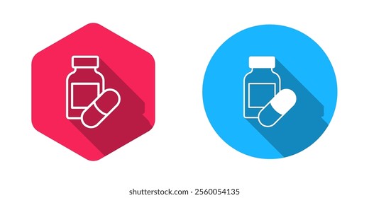 Filled and outline Sleeping pill icon isolated with long shadow background.  Vector