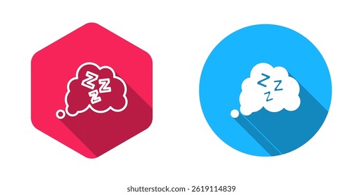 Filled and outline Sleepy icon isolated with long shadow background. Sleepy zzz talk bubble.  Vector
