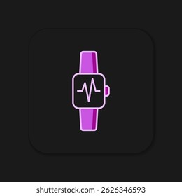 Contorno preenchido Relógio inteligente mostrando batimento cardíaco ícone isolado no fundo preto. Conceito de Aplicativo de Fitness. Estilo de contorno preenchido plano com sombra. Vetor