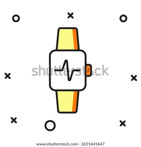 Filled outline Smart watch showing heart beat rate icon isolated on white background. Fitness App concept. Flat filled outline style with shadow. Vector