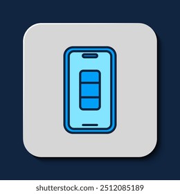 Filled outline Smartphone battery charge icon isolated on blue background. Phone with a low battery charge.  Vector