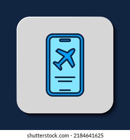 Filled outline Smartphone with electronic boarding pass airline ticket icon isolated on blue background. Passenger plane mobile ticket for web and app.  Vector