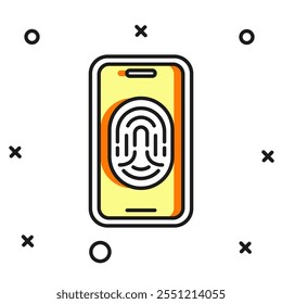 Smartphone con el icono del escáner de huellas dactilares aislado en el fondo blanco. Concepto de seguridad, acceso personal a través del dedo en el móvil. Estilo de contorno relleno plano con sombra. Vector