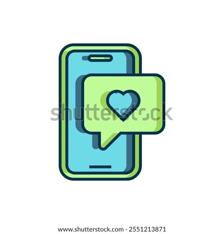 Filled outline Smartphone with heart emoji speech bubble get message on screen icon isolated on white background. Valentines day. Flat filled outline style with shadow. Vector