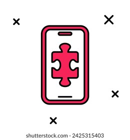 Relleno de contorno Smartphone y jugar en el icono del juego aislado sobre fondo blanco. Concepto de juego móvil.  Vector